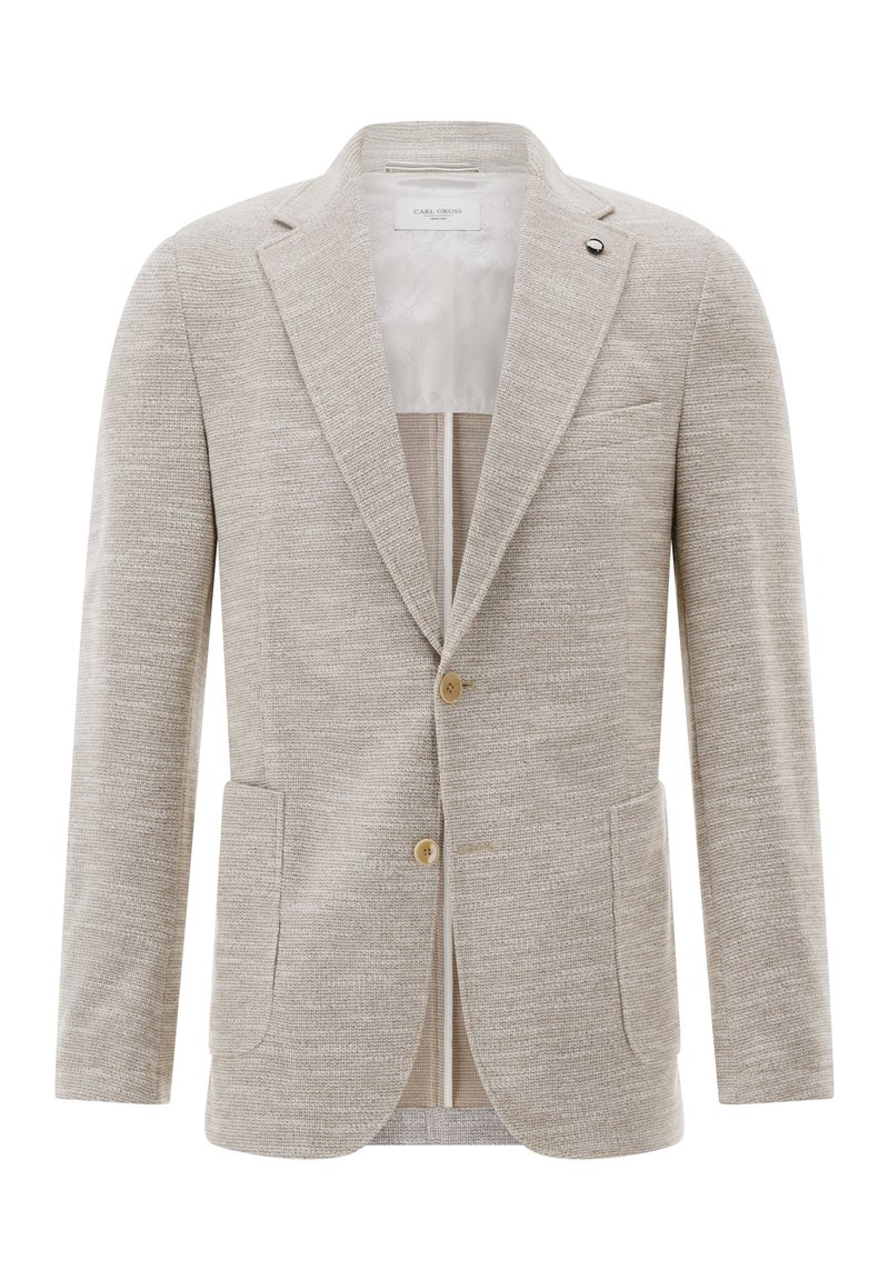 Hellbeige Blazer aus strukturiertem Stoff, einreihiges Design, zwei Fronttaschen, Reverskragen und zwei Knöpfe. Gefüttertes Innenfutter sichtbar.