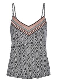 Schwarzes und weißes Tanktop mit einem Diamantmuster, mit einem V-Ausschnitt und dünnen Trägern. Akzentuiert durch ein mehrfarbiges Band am oberen Rand.