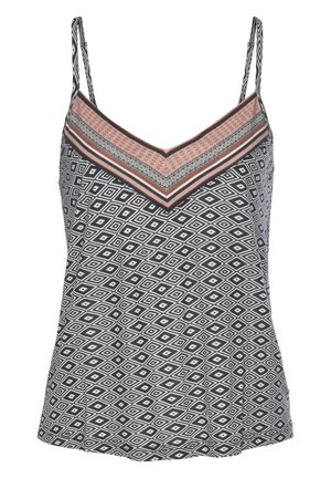 Schwarzes und weißes Tanktop mit einem Diamantmuster, mit einem V-Ausschnitt und dünnen Trägern. Akzentuiert durch ein mehrfarbiges Band am oberen Rand.