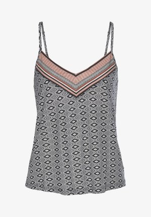 Čierno-biely tielko s diamantovým vzorom, s výstrihom do V a tenkými ramienkami. Zdobené viacfarebným pásom na vrchu.