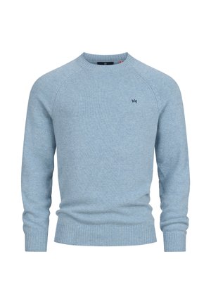 Pull en tricot bleu clair avec un col et des poignets côtelés. Présente un petit logo noir sur la poitrine et un design à coupe régulière.
