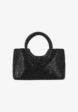 Sort rektangulær håndtaske med runde håndtag, dekoreret med små sorte perler og palietter, der dækker hele overfladen.