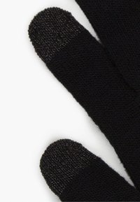 Black knit gloves with a smooth texture, featuring contrasting black-tipped fingers designed for touchscreens. Simple, functional design.