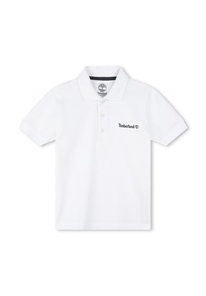 Biała koszulka polo z bawełny, z kołnierzykiem, trzema guzikami i małym czarnym logo Timberland na piersi.