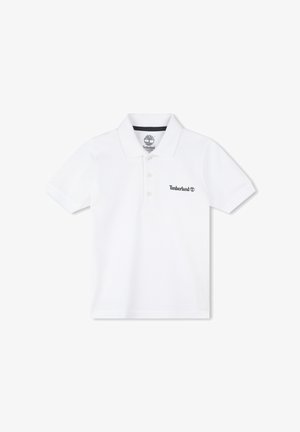 Polo blanco de algodón, con cuello, tapeta con tres botones y un pequeño logo negro de Timberland en el pecho.