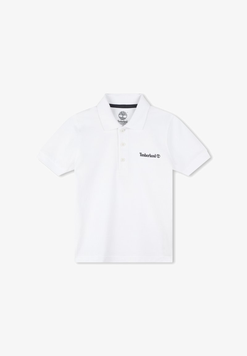 Polo blanc en coton, doté d'un col, d'une patte de boutonnage à trois boutons, et d'un petit logo Timberland noir sur la poitrine.