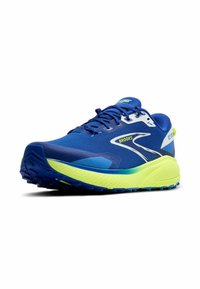 Blauwe sportschoen met een bovenwerk van mesh, voorzien van neongele accenten, een gestructureerd loopvlak en een gewatteerde kraag voor comfort.
