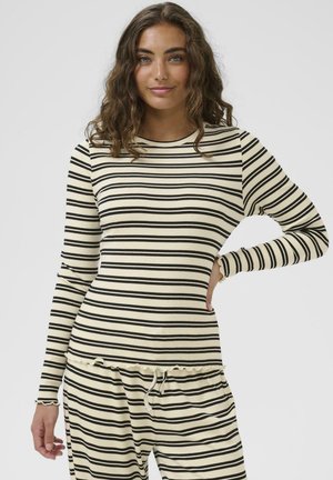Geripptes Langarmshirt mit rundem Ausschnitt in Creme und schwarzen Streifen. Verfügt über einen gerafften Saum und eine figurbetonte Silhouette.