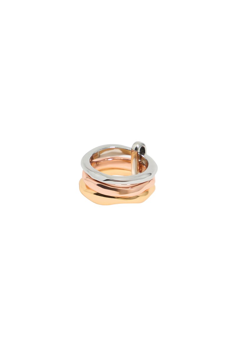 Three interlocking rings in polished silver, rose gold, and gold colors; the design features smooth, rounded edges and a slight twist.