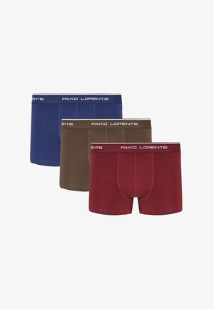 Zestaw trzech męskich bokserów w kolorach: niebieskim, brązowym i bordowym. Wykonane z bawełny o gładkiej fakturze, z elastycznymi pasami w talii ozdobionymi białym tekstem.