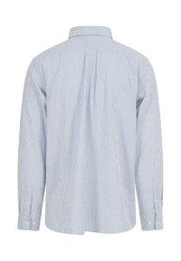 Long-sleeve shirt in light blue with white vertical stripes, featuring a soft fabric, button cuffs, and a classic collar.