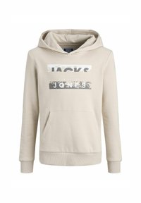 Felpa beige realizzata in morbido tessuto, presenta una tasca a marsupio, polsini a costine e una grafica frontale in grigio e bianco.
