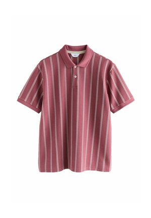 Lühikeste varrukatega polo särk tuharoosas värvuses, millel on vertikaalsed valged triibud. Valmistatud sileda materjali jaoks, klassikalise krae ja kolme nupuga. 