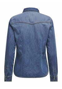 Rückansicht eines blauen Denim-Hemdes mit langen Ärmeln, geknöpften Manschetten und einer gesteppten Passe über dem oberen Rücken.