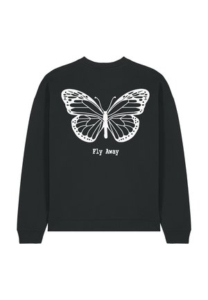 Sweat-shirt noir présentant un grand motif de papillon blanc au dos, avec le texte "Fly Away" en dessous. Texture douce et coupe décontractée.