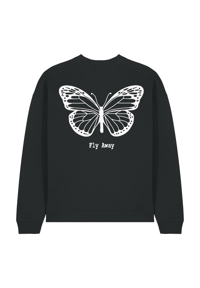Felpa nera con un grande design di una farfalla bianca sul retro, con il testo "Fly Away" sotto di essa. Texture liscia e vestibilità casual.