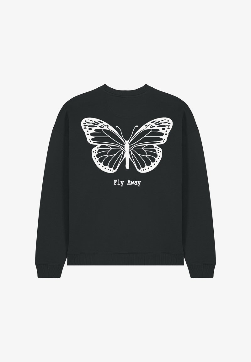 Zwarte sweatshirt met een groot wit vlinderontwerp op de achterkant, met de tekst "Fly Away" eronder. Soepele textuur en casual pasvorm.