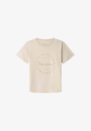 Beige katoenen T-shirt met korte mouwen. Heeft een cirkelvormig logo in een lichtere tint, met de tekst "Pepe Jeans" en "Denim Brand Portobello 1973."
