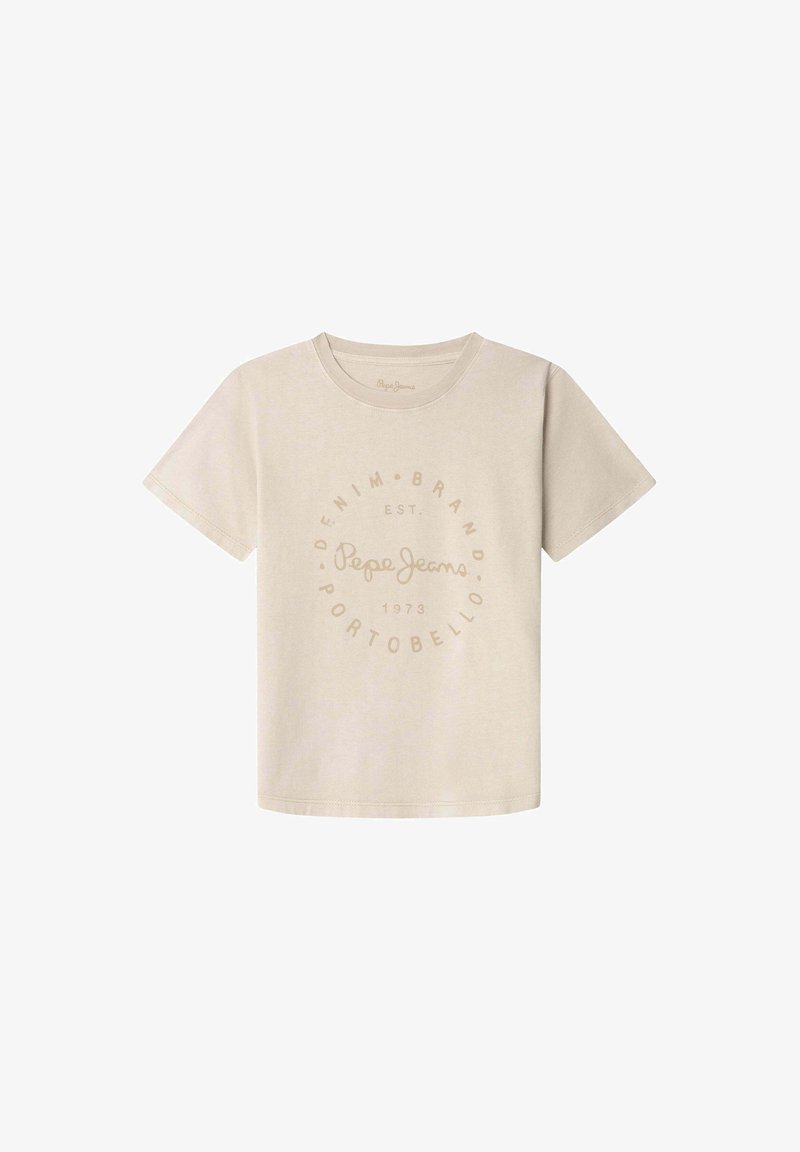T-shirt en coton beige à manches courtes. Présente un logo circulaire dans une teinte plus claire, indiquant "Pepe Jeans" et "Denim Brand Portobello 1973".