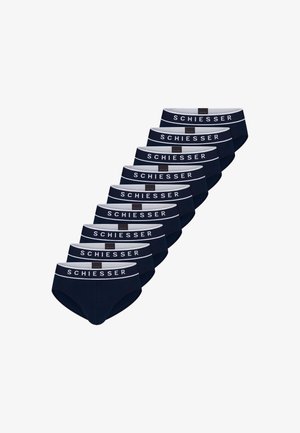 Ensemble de neuf slips bleu marine avec une ceinture blanche contrastante portant le logo "SCHIESSER". Le matériau semble lisse et extensible.