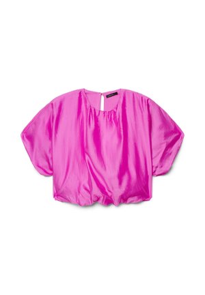 Helle pinke Satinbluse mit kurzen, weiten Ärmeln, rundem Ausschnitt, Schlüsselloch am Rücken mit Knopf und gerafftem Saum.