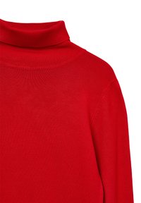 Roter Rollkragenpullover aus weichem, strukturiertem Strick. Er hat einen hohen Kragen und lange Ärmel und bietet eine taillierte Silhouette.