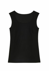 Top senza maniche nero realizzato in tessuto liscio, con scollatura rotonda e taglio aderente. Nessun modello visibile né parti in metallo.