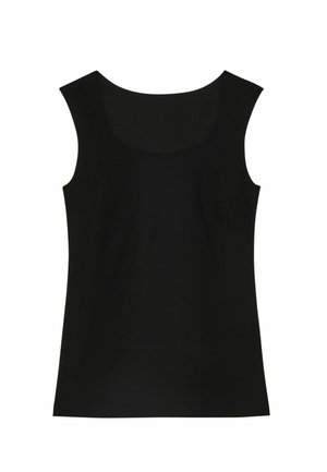 Top senza maniche nero realizzato in tessuto liscio, con scollatura rotonda e taglio aderente. Nessun modello visibile né parti in metallo.
