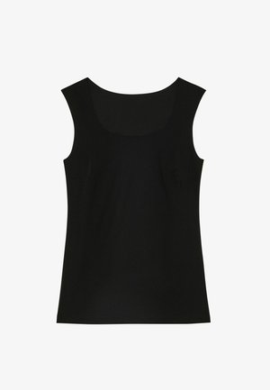 Top senza maniche nero realizzato in tessuto liscio, con scollatura rotonda e taglio aderente. Nessun modello visibile né parti in metallo.