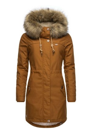 Bruine, middellange parka met een nepbont trim op de capuchon, trekkoordsluiting, twee zijzakken en knoopsluiting. Gevoerde binnenkant met een patroon.