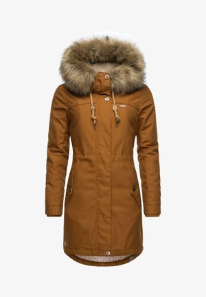 Pruun, keskmise pikkusega parka, kus on kunstkarusnahast ääred kapuutsil, tõmblukuga nöörid, kaks külgetaskut ja nupuluku. Voorditud sisu mustriga.
