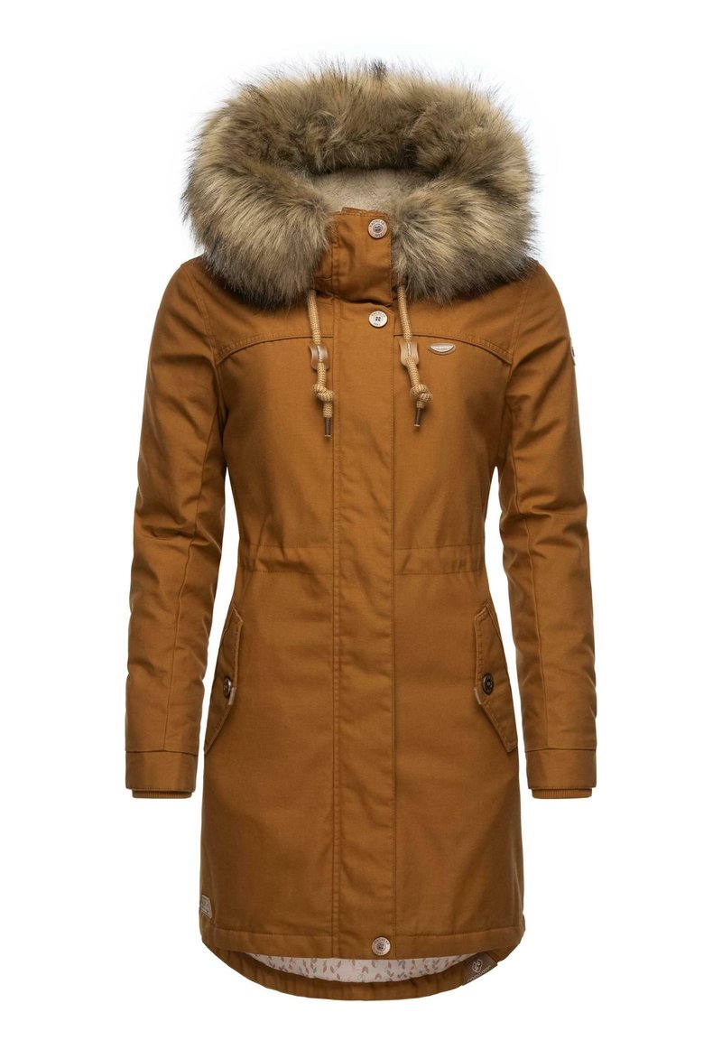 Brun, medellång parkas med fuskpäls på huvan, dragsko, två sidfickor och knappstängning. Fodrad insida med ett mönster.