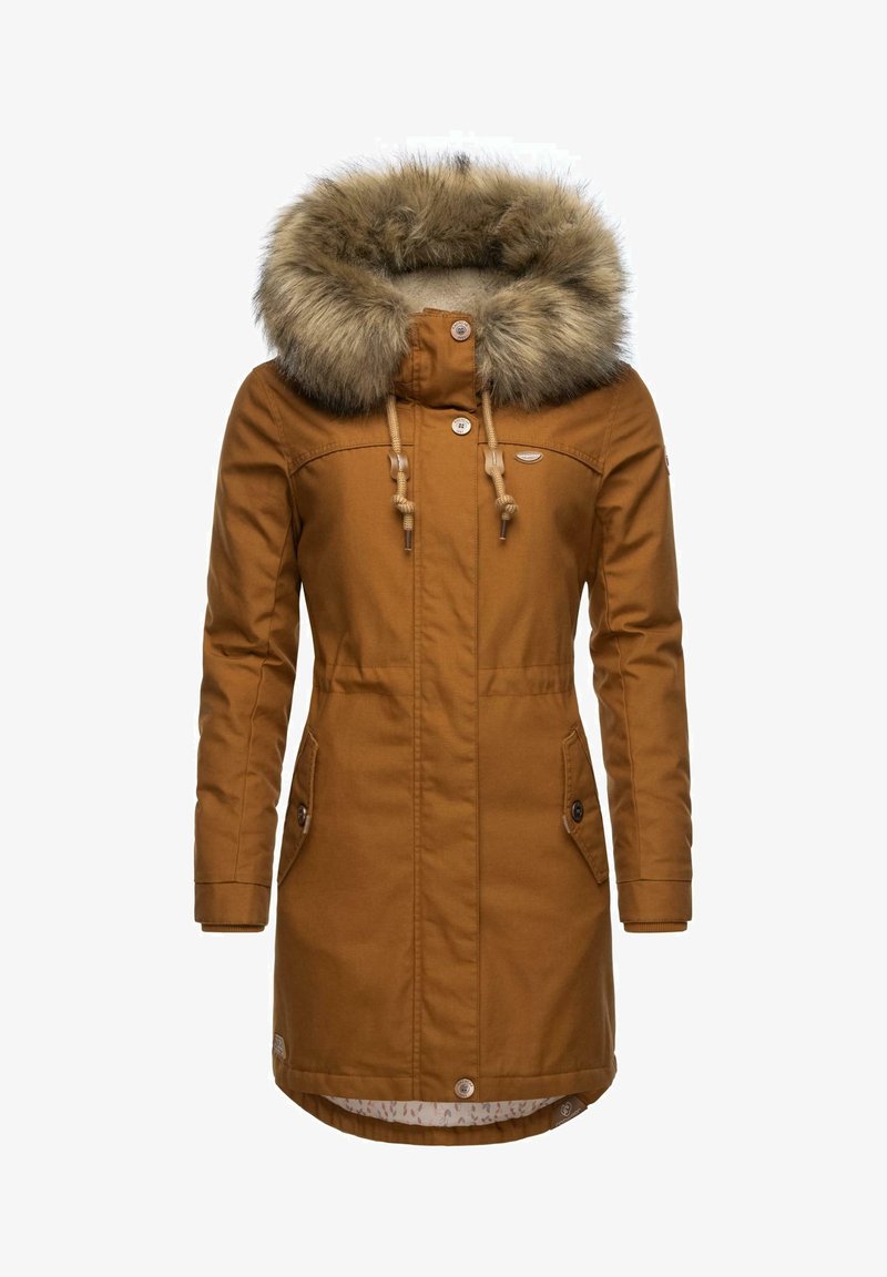 Brun, medellång parkas med fuskpäls på huvan, dragsko, två sidfickor och knappstängning. Fodrad insida med ett mönster.