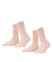 Beige cotton socks, lightweight, smooth texture, mid-calf length, with a rounded toe and a ribbed cuff. Pair of two.