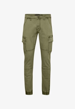 Olive green cargo pants made of cotton blend, featuring multiple pockets, tapered legs, and elastic cuffs for a fitted look.