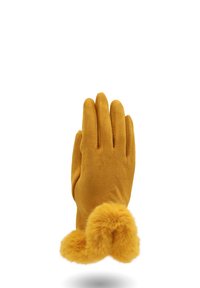 Guanto in suede giallo senape con bordo in pelliccia soffice attorno al polso, presentato in posizione verticale su uno sfondo bianco.
