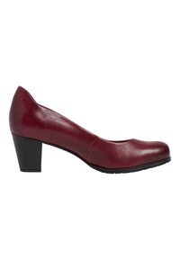 Scarpe con tacco basso da donna in pelle rossa scura, con punta arrotondata e tacco a blocco nero, mostrate in profilo laterale su sfondo bianco.
