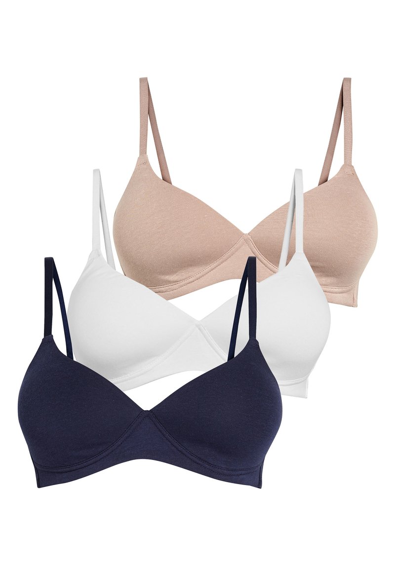 Tre reggiseni in beige, bianco e blu navy. Tessuto morbido e elastico con spalline regolabili e forma triangolare. Design senza cuciture per il massimo comfort.
