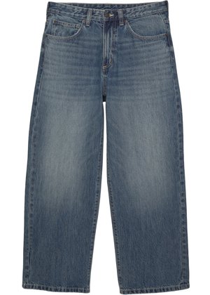 Blue wide-leg denim jeans with front button and zipper, two front pockets, and belt loops.