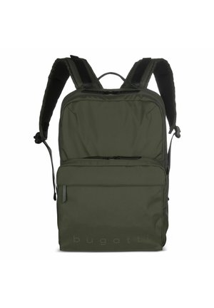 Mochila Bugatti de color verde oscuro con correas acolchadas para los hombros, bolsillo frontal con cremallera y asa superior.