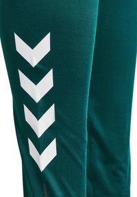 Groene sportleggingen van gladde stof, met een witte chevronpatroon langs de zijkant en een ritsdetail bij de enkel.