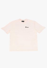 Lyserød bomulds-T-shirt med korte ærmer, rund hals og "Dropsize"-logo i mørkegrå på venstre brystområde. Glat tekstur.