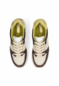 Paire de baskets beige et marron avec une doublure intérieure vert clair, des lacets blancs et des semelles intérieures de marque "Maxi Wonder".