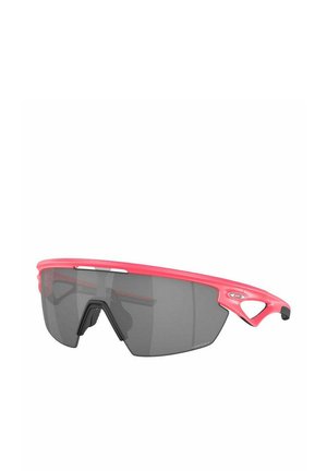 Sportsonnenbrille mit einem leuchtend pinkfarbenen Kunststoffrahmen und dunklen, getönten Gläsern; zeichnet sich durch ein einzigartiges, aerodynamisches Design und ein verstellbares Nasenpolster aus.