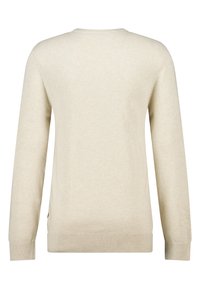 Maglione color crema, realizzato in morbido tessuto a maglia, presenta un collo rotondo, maniche lunghe, polsini a coste e sottili spacchi laterali all'orlo.
