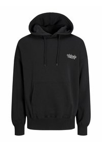 Czarna sweatshirt z kapturem wykonana z mieszanki bawełny, z kieszenią z przodu, ściągaczami na mankietach oraz dekoracyjnym białym logo po lewej stronie klatki piersiowej.