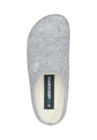 Gray felt slipper with a rounded toe, fuzzy cream lining, and a logo label in black and green. Size tag reads "38."