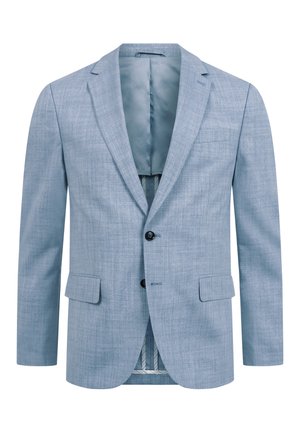 Vaaleansininen miesten bleiseri, jossa on kaksi nappia, notkkakaulukset, kaksi läppätaskua ja rintatasku, edestä kuvattu valkoisella taustalla.