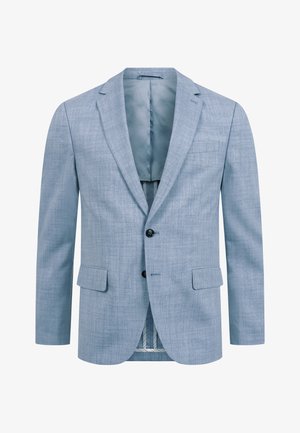 Blazer da uomo azzurro chiaro con due bottoni, revers a lancia, due tasche con patta e taschino sul petto, mostrato frontale su sfondo bianco.
