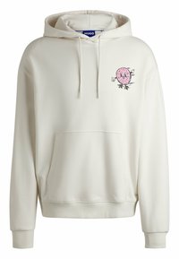 Sweat-shirt à capuche en tissu blanc cassé, avec un graphique de donut rose sur la poitrine gauche. Comprend une poche avant et des poignets côtelés.